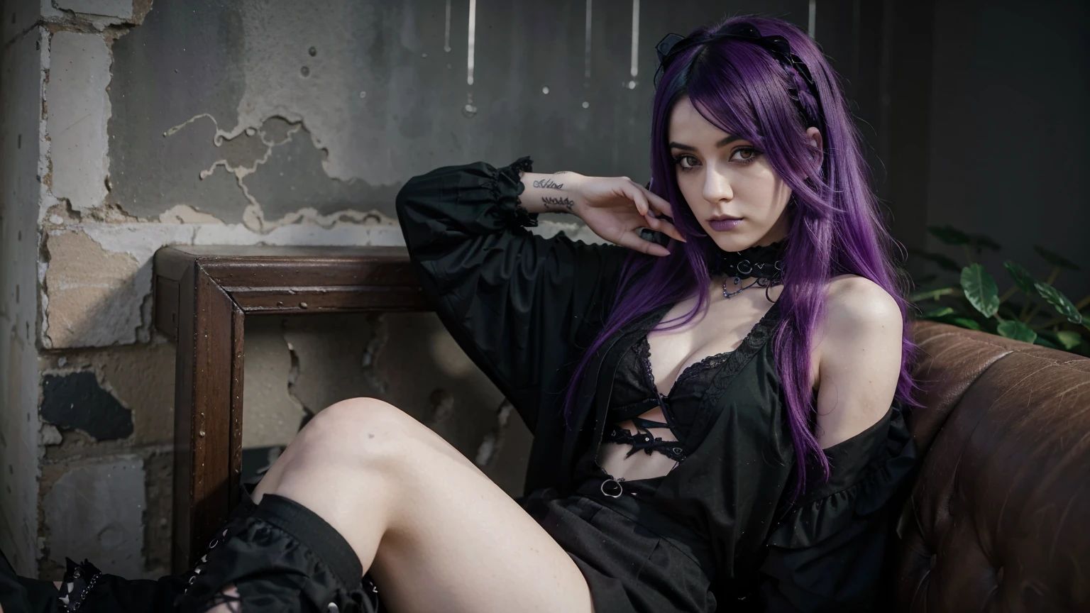 Arafed woman with green and purple hair sitting, pastel gothic, pastel goth aesthetic, pale goth beauty, 1 7 - year - old goth girl, goth girl aesthetic, goth girl, colores pastel oscuros, cabello pastel, loish |, Loish y Wlop, Desbordamiento pastel, gothic ambient, Una chica emo, Maquillaje Emo, coloured hair, far established shot, looking elsewhere