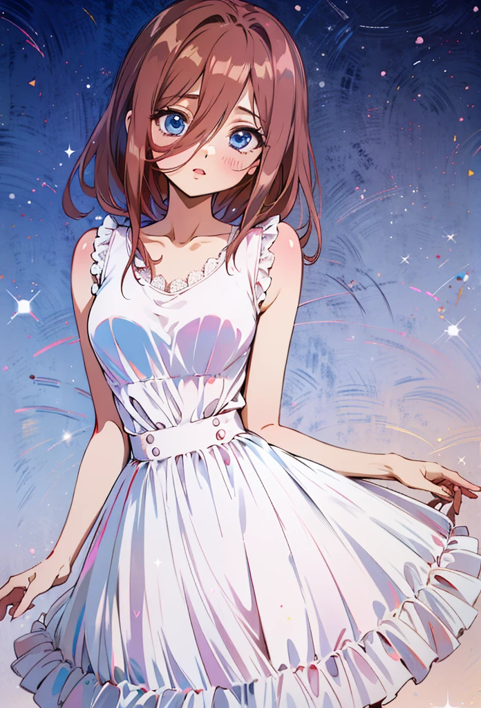 score_9, score_8_up, score_7_up, score_6_up, source anime, akihcipnxl, (1 girl) Sfw, Miku nakano, pretty teenage girl with fluffy long pink brown hair, heart shaped lips and blue eyes making a cute face, aamiku, Nakano Miku from The Quintessential Quintuplets, Miku Nakano, masterpiece, 4k, ultradetailed, cowboy shot, nakano Miku, pink red brown hair, blue eyes, sparkling eyes, night wear, white minimal simple nightwear matching set, white iridescent matching set, white satin and lace night vest, white satin and lace tank top with thin shoulder straps, white satin light night skirt, minimal outfit, simple outfit, all white outfit, full body, dynamic pose, moving, dynamism, hair between eyes, nightwear 