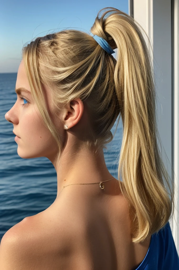 A 18 year old boy with medium length blond hair, with back of hair pulled into a small ponytail, with blue eyes