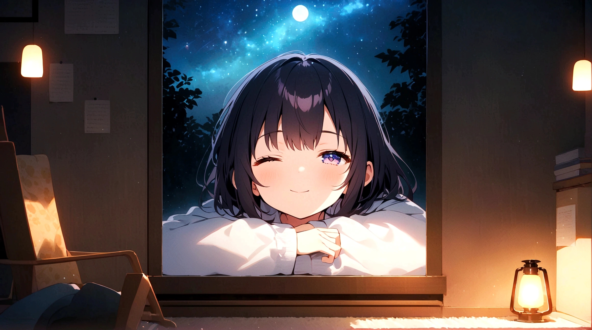 title: Night sky healing theme: LOFI music and nighttime relaxation explanation: このThe image is、To the gentle rhythm of lofi music、Contains soothing elements that will help you fall into a good night's sleep。The stage is set on a slightly dark night.、star々Under the shining sky、A cute girl is listening to music with her eyes closed and a relaxed expression。Around her、Filled with fantastic light and color、It invites the viewer into a dreamlike world.。The image is、Perfect for sleep and work videos.、The aim is to provide a sense of calm and relaxation to the viewer.。The proportion of the background is a little high。