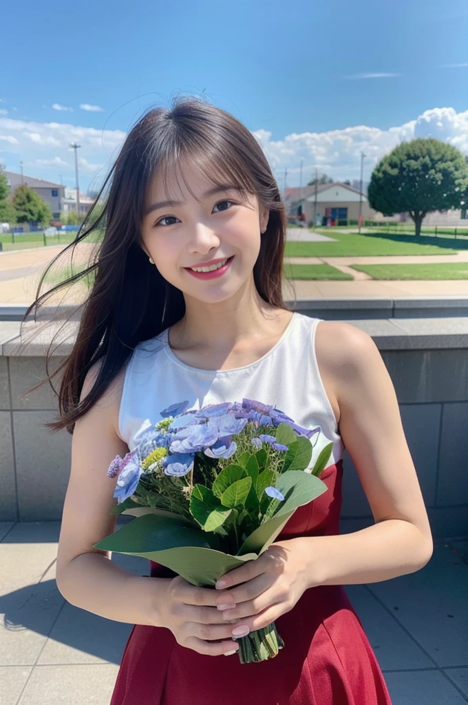 (8K, RAW Photos, Highest quality、masterpiece:1.2), (Realistic、Realistic:1.37), 1 girl, Laughter, View your audience, (Holding a bouquet:1.3),Beautiful and detailed skin、Skin Texture、The background is blue sky,  Blurred Background, Particles of light, Strong winds,