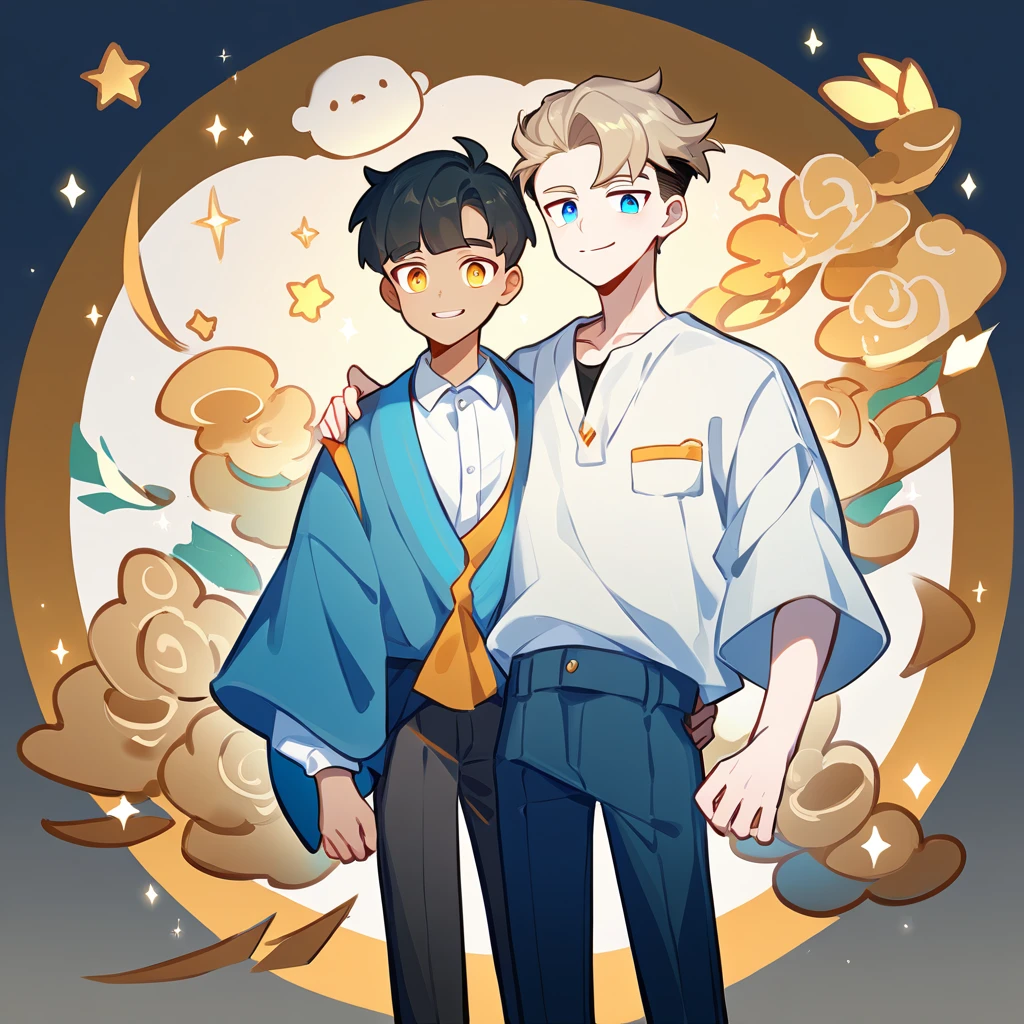 2 young men, focus man , Yaoi, pair, portable princess, bear, shirt, trousers, look elsewhere, smile, student, short hair, light brown hair, blue eyes, Acharya, black hair, Undercut style, golden eyes , The best aesthetics , best quality, Amazing quality, The best aesthetics, nonsense,bright
