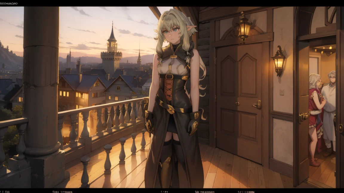 1 girl,20 years, Portrait of a girl, face accent, One,happy face,black and gold long dress,middle, White hair, sexy figure, very beautiful, erotica, long hair,yellow eyes,Elf Ears, black small horns,white tights,Detailed long boots,golden tiara,Luxurious gold jewelry,(((standing on the porch of the castle)))