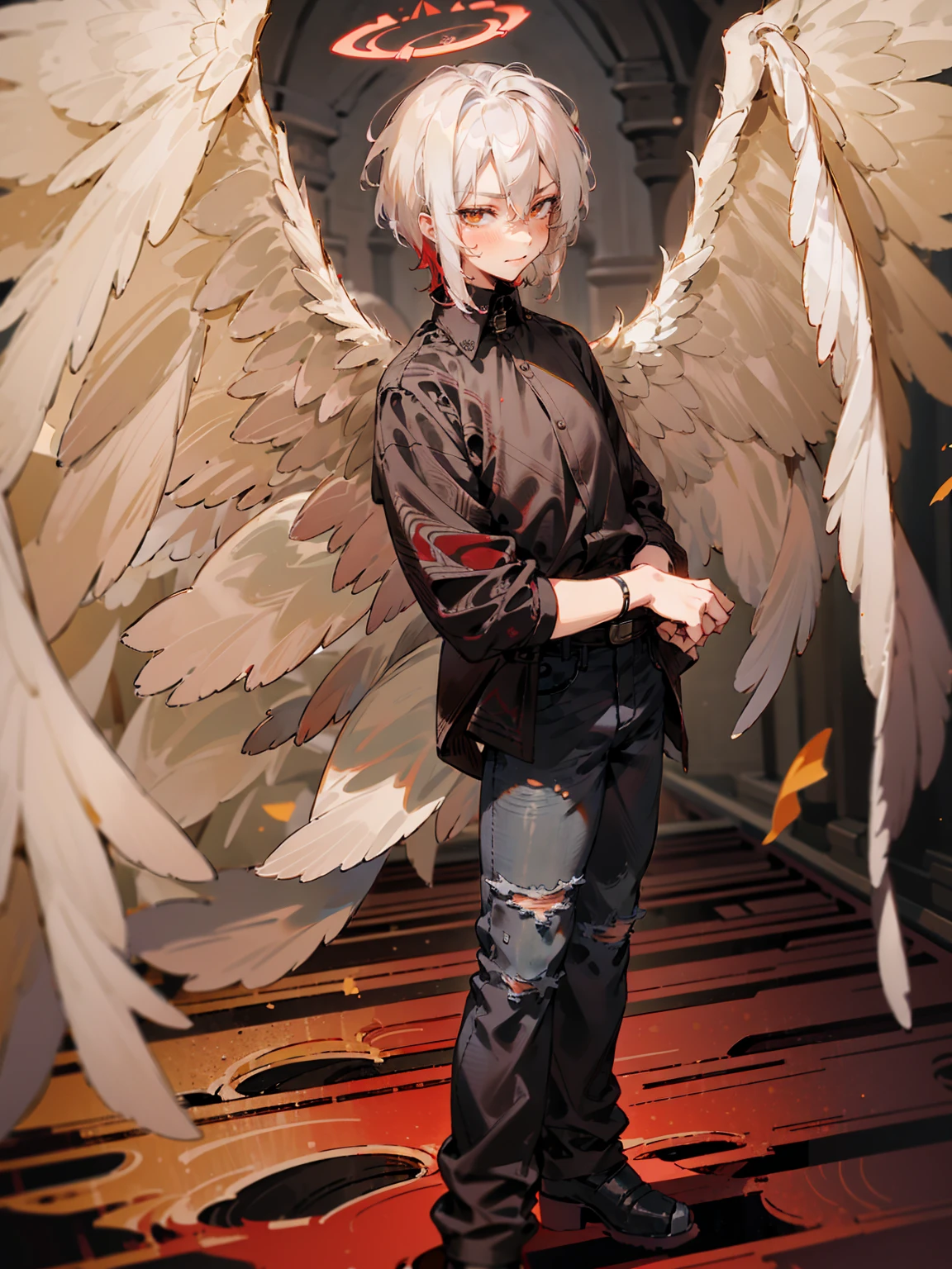 1male, Adult, Two Tone Hair, Crimson and White Hair, Short Hair, Undercut Hair, Red Angel Halo, Black Angel Wings, Golden Eyes, Smirk, Black Flannel Shirt, Black Ripped Jeans, Standing On Path