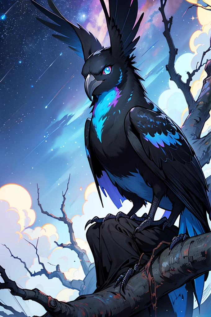dark, ghastly bird with numerous eyes, glowing blue eyes lined with fire, black feathers, liminal space, sitting on a twisted, ethereal tree, starry backdrop, cawing at the sky