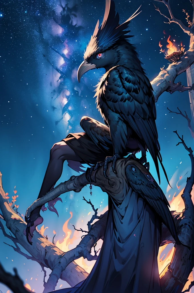 dark, ghastly bird with numerous eyes, glowing blue eyes lined with fire, black feathers, liminal space, sitting on a twisted, ethereal tree, starry backdrop, cawing at the sky
