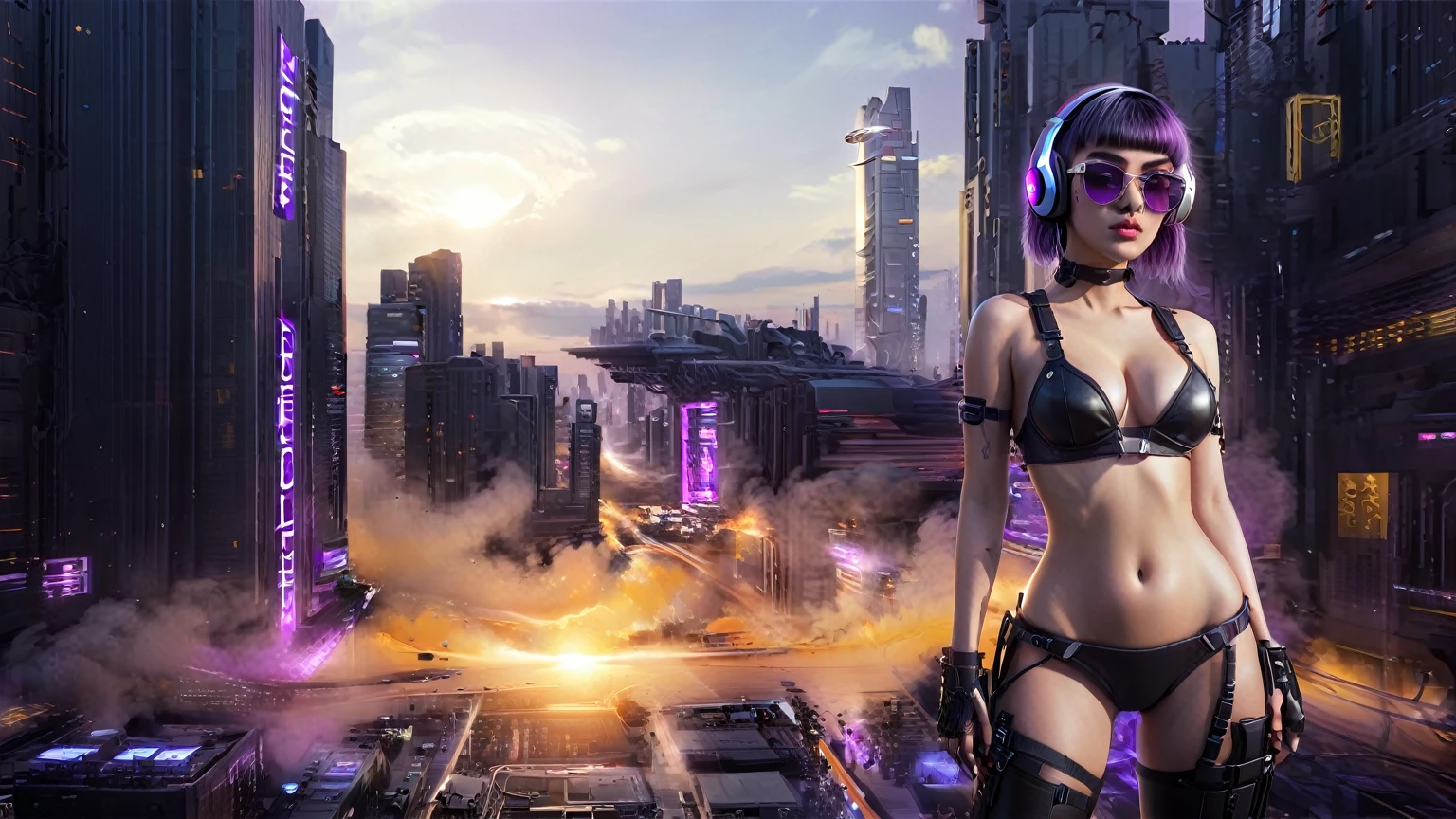 masterpiece, best quality, high resolution, 8k, (Portrait Photos:1.5), (R Original Photo), real picture, Digital Photography, (A fusion of cyberpunk and fantasy), 20 year old girl, solo, (((black sunglasses, headphone))), Feel free to hairstyle, Purple Eyes, By Bangs, (large breasts, cleavage, Accessories, Elegant and charming, Combination of cyberpunk and fantasy style clothing, Hollow carving design, Photo poses, Realistic style, (((((((pistol shooting pose))))))), oc render reflection texture, sentry, (((((Cyberpunk style future city, Moai shape buildings))))), night, Bustling streets, (((((half-body (thigh level) medium shot))))).