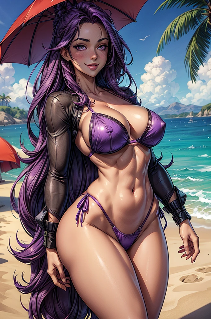 ((Masterpiece)), ((Best Quality)), Ultra High Resolution, HDR, absurderes, 8K, (1 girl), intricate details, ultra-detailed, dramatic lighting, blushing, very happy, purple eyes, long purple hair, straight hair, (purple bikini), in a beach, gorgeous girl, medium size breasts, gorgeous body, glossy skin, vivid colors, full body view, detailed illustration, detail background, smile, feminine, professional artwork, big thighs, cleavage, small waist, wide hips