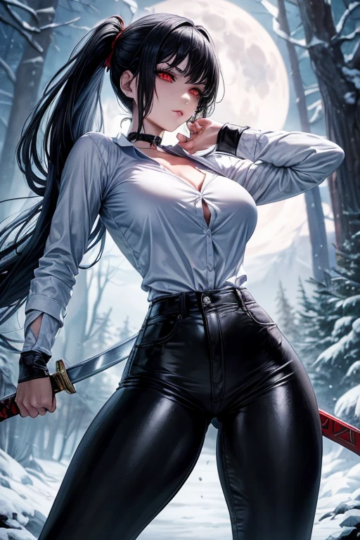 1 woman, woman fighting two zombies, High school girl swordsman, holds a greatsword in his right hand, long black hair, beautiful eyes, detailed eyes, Red eyes, choker:1.6, captivating look, wearing a white long-sleeved button-down shirt, perfect ass, very big breasts, shiny black tight leggings, Snowy forest, snow night, Dark, Moonlight, absurd, high resolution, ultra-sharp, 8k, Masterpiece, view from behind, looking at the viewer