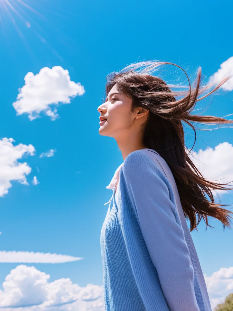 girl with,Profile looking up,Hopeful,japanes,white  shirt,Sunny blue sky,Happy look