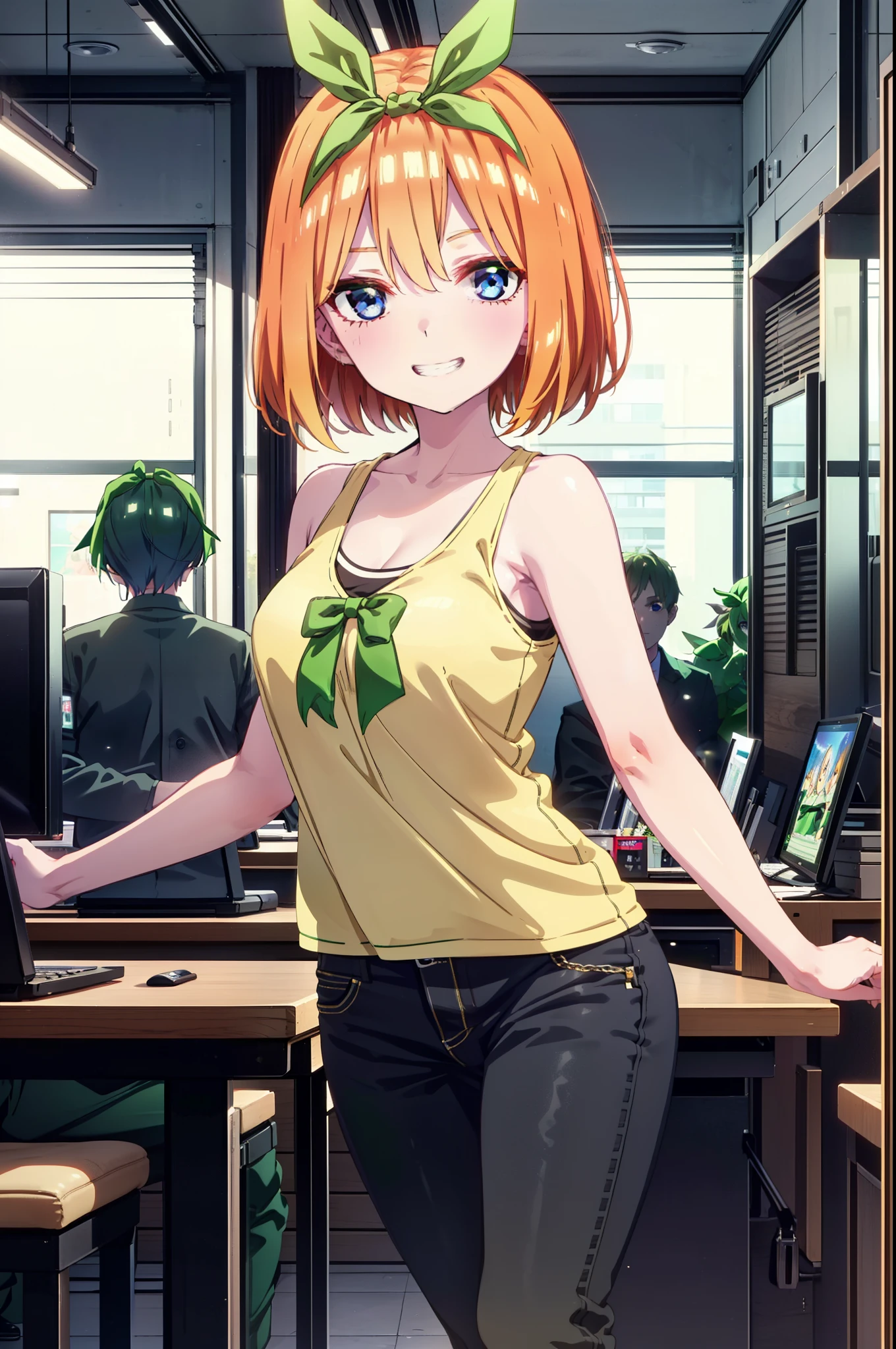 Yotsubanakano, Yotsuba Nakano, bangs, short hair, blue eyes, Hair between the eyes, hair ribbon, hair band, Orange Hair, (Green ribbon:1.5), smile, Grin,Green tank top,Skinny jeans,Stiletto heels,There is a computer on the table,interior,Walking,whole bodyがイラストに入るように,
break indoors, オフィス
break looking at viewer, whole body,
break (masterpiece:1.2), Highest quality, High resolution, unity 8k wallpaper, (figure:0.8), (Beautiful attention to detail:1.6), Highly detailed face, Perfect lighting, Highly detailed CG, (Perfect hands, Perfect Anatomy),