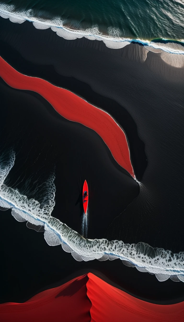 Top view，plane geometry，a beautiful detailed black sand beach,dramatic red ocean,minimalist vector landscape,clean stylized flat art,high contrast,masterpiece,best quality,8K,photorealistic,intricate details,seamless,stunning colors,dramatic lighting，A lonely person