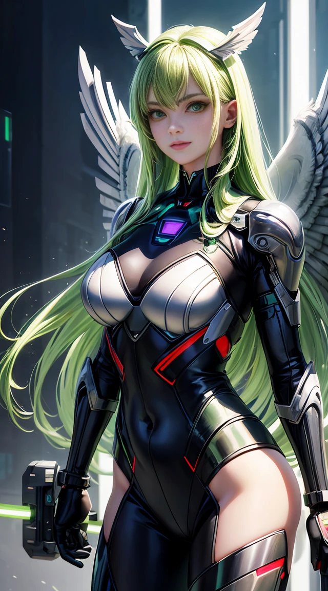 Maximum quality、Masterpiece artwork、super high resolution、(photorrealistic:1.4)、1 girl、Bright green long hair、slickedback hair, shiny and clean hair、(greeneyes), White and glowing skin、Sexy cyberpunk girl、((super realistic details))、ombre、octane rendering、ultra-sharp、hyper-detailed face、Fiberglass、Luminous tube、highly intricate details、Realistic Lumiere、CGSoação Trends、(greeneyes)、(Facing the camera)、neon details、Purple bat wings on the back, small bat wings on the head, mechanical cervical fixation to the neck、wires and cables connected to the head、((Valkyrie))、((Beam cannon))、Combat posture、((seductively pose:0.8))、(Lumiere_ssmile:1.0)、Variation of poses