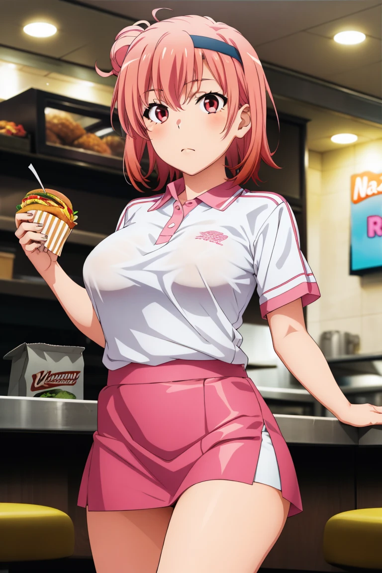 highest quality, High resolution, perfect pixel, Depth of the bounds written, 4k, beautiful anime girl, perfect body,
looking at the viewer,
Yuigahama Yui, 1 girl, short hair, pink hair, hair bun, pink eye,
large breast,
{{vector trace}}, 1 girl, fast food restaurant crew, red visor, polo shirt, tight skirt, {{{{younger}}}}, {{slender}},
indoor, fast food restaurant, front view, {cowboy shot}, {{facing the front}}, from outside, {{solo focus}}, {{perfect face}}, {{perfect anatomy}}, intricate (highly detailed),
