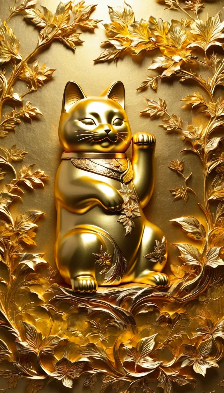 printing (Gold Leaf), Japanese decoration, Vintage decoration, gold leaf wall decoration : Maneki-neko Gold Leaf, the light shimmers on the Gold Leaf cut, Colors are bright and vivid, 全体的な画質は最high qualityです, with every detail of Gold Leaf captured with ultra-detailed precision, The lighting is soft and diffused, A warm and welcoming glow spreads across the stage. Reflects the beauty and magic of Gold Leaf art.. high quality, High resolution, 16K, Super detailed.