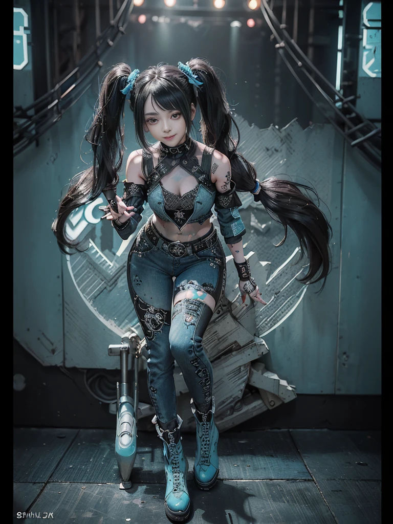 (Full Body View:1.4)、(Full body:1.3)、(Smiling with teeth showing:1.3),(Shibuya Gal:1.5)、(Gothic Lolita style fashion:1.5)、(Punk RockVisual Kei:1.5)、(Wearing a rhythmic gymnastics bodysuit with intricate details:1.4)、(Racing suit and pants with intricate turquoise, denim and charcoal decorations:1.5)、(Denim and light blue and turquoise boots:1.3)、((belt))、(Numerous delicate logo marks all over the costume:1.4)、(collar:1.3)、(Polka dot underwear:1.5)、20-year-old、NSFW、((Highest quality、In 8K、masterpiece:1.3))、Sharp focus:1.2、(Layered Cut、Huge boobs:1.1),Beautiful woman with perfect figure:1.4、(do a gravure pose:1.3)、Slender Abs:1.2、Highly detailed face and skin texture、Detailed eyes、double eyelid,(Twin tails:1.3)、(Black brown hair:1.3)、Gravure idol、(The background is the stage of the fashion show:1.3)、(Slim body:1.3),(Make your legs thinner:1.4),（clavicle:1.1）