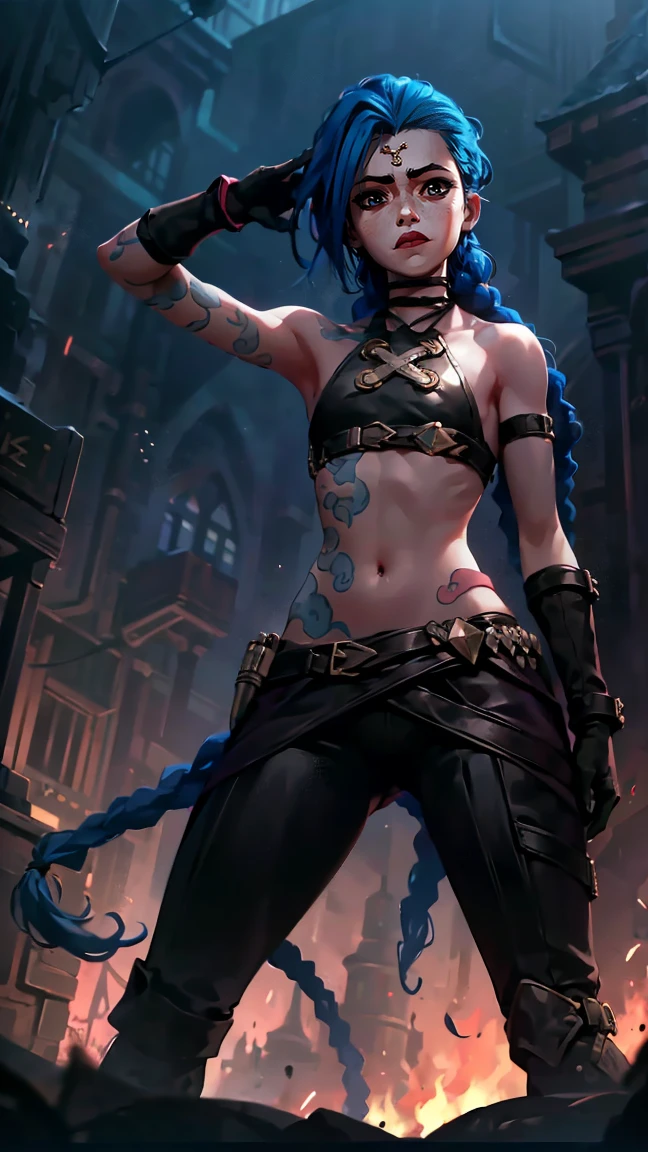 (masterpiece, Best quality), 1 girl, portrait, very sexy, crazy look, smile, crying, pink tears, tears on the cheeks, tears from eyes, full length (full body 1.1.), очень feminine, fighting stance, battle, fire, explosions, burning city, Beautiful waist, gloomy composition, flame, fire, Flash, very beautiful, feminine, long hair, hair braided in long braids, very sexy, tight leather pants, emphasis on the eyes, face accent, Beautiful face, Hands, Hair, Haired ponytail, red purple eyes, Джинкс crying, Blue cloud tattoo, (masterpiece, Best quality), Side lighting, beautiful detailed eyes, crazy face), (Best quality), (masterpiece), magic photography, Spectacular lighting, Photorealism, ultra detailed, интимная portraitная композиция, 1. 4,8 k UHD, aesthetic, Cd., A high resolution, 8 k, better lighting, Best shade, Ultra-HD, A high resolution, sharp focus, Complex background, Cinematic lighting, ((Landscape view)), 4K block, (better lighting), ((Cinematic lighting)),