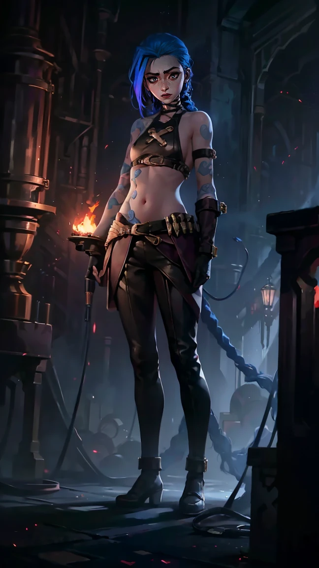 (masterpiece, Best quality), 1 girl, portrait, very sexy, crazy look, smile, crying, pink tears, tears on the cheeks, tears from eyes, full length (full body 1.1.), очень feminine, fighting stance, battle, fire, explosions, burning city, Beautiful waist, gloomy composition, flame, fire, Flash, very beautiful, feminine, long hair, hair braided in long braids, very sexy, tight leather pants, emphasis on the eyes, face accent, Beautiful face, Hands, Hair, Haired ponytail, red purple eyes, Джинкс crying, Blue cloud tattoo, (masterpiece, Best quality), Side lighting, beautiful detailed eyes, crazy face), (Best quality), (masterpiece), magic photography, Spectacular lighting, Photorealism, ultra detailed, интимная portraitная композиция, 1. 4,8 k UHD, aesthetic, Cd., A high resolution, 8 k, better lighting, Best shade, Ultra-HD, A high resolution, sharp focus, Complex background, Cinematic lighting, ((Landscape view)), 4K block, (better lighting), ((Cinematic lighting)),