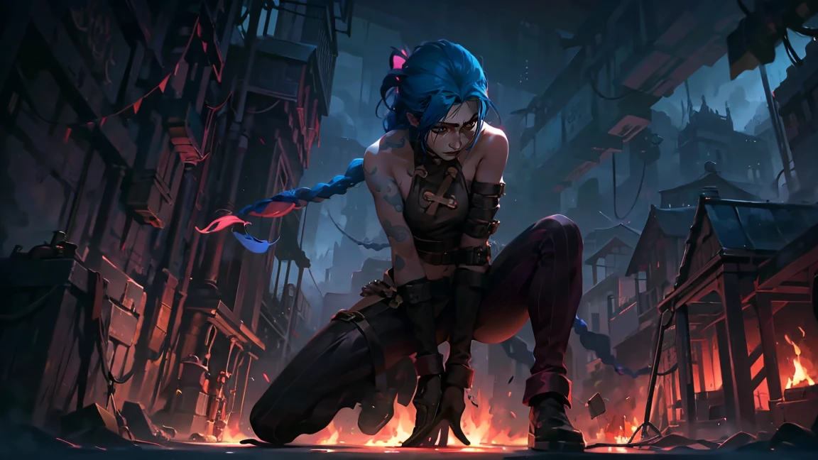 (masterpiece, Best quality), 1 girl, portrait, very sexy, crazy look, smile, crying, pink tears, tears on the cheeks, tears from eyes, full length (full body 1.1.), очень feminine, fighting stance, battle, fire, explosions, burning city, Beautiful waist, gloomy composition, flame, fire, Flash, very beautiful, feminine, long hair, hair braided in long braids, very sexy, tight leather pants, emphasis on the eyes, face accent, Beautiful face, Hands, Hair, Haired ponytail, red purple eyes, Джинкс crying, Blue cloud tattoo, (masterpiece, Best quality), Side lighting, beautiful detailed eyes, crazy face), (Best quality), (masterpiece), magic photography, Spectacular lighting, Photorealism, ultra detailed, интимная portraitная композиция, 1. 4,8 k UHD, aesthetic, Cd., A high resolution, 8 k, better lighting, Best shade, Ultra-HD, A high resolution, sharp focus, Complex background, Cinematic lighting, ((Landscape view)), 4K block, (better lighting), ((Cinematic lighting)),