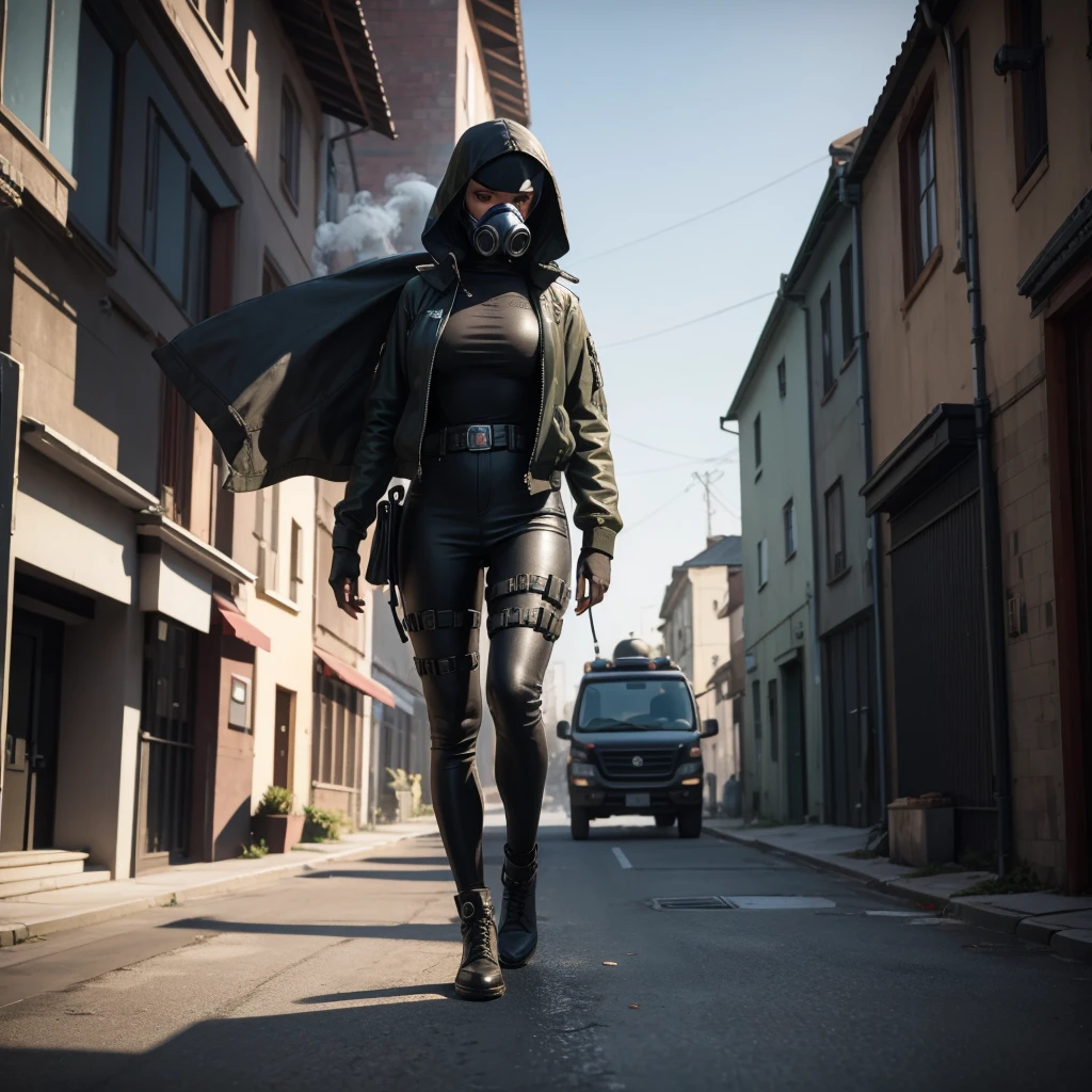 She is walking in middle of a street dressed in black and wearing a gas mask, abandon city with only one Power Nuclear Plant in the distance but there is not other people , there is a olive green toxic smoke in the air, ultra high quality, 4K, low angle, (masterpiece, top quality, best quality, official art, beautiful and aesthetic:1.2),