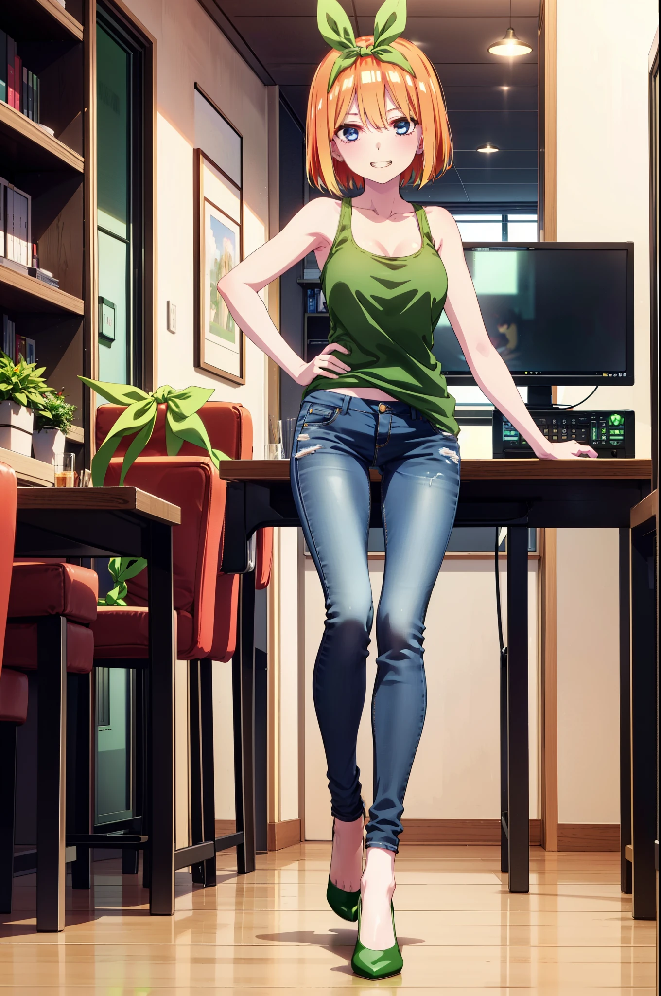 Yotsubanakano, Yotsuba Nakano, bangs, short hair, blue eyes, Hair between the eyes, hair ribbon, hair band, Orange Hair, (Green ribbon:1.5), smile, Grin,Green tank top,Skinny jeans,Stiletto heels,Put your left hand on your hip,There is a computer on the table,interior,Walking,whole bodyがイラストに入るように,
break indoors, オフィス
break looking at viewer, whole body,
break (masterpiece:1.2), Highest quality, High resolution, unity 8k wallpaper, (figure:0.8), (Beautiful attention to detail:1.6), Highly detailed face, Perfect lighting, Highly detailed CG, (Perfect hands, Perfect Anatomy),