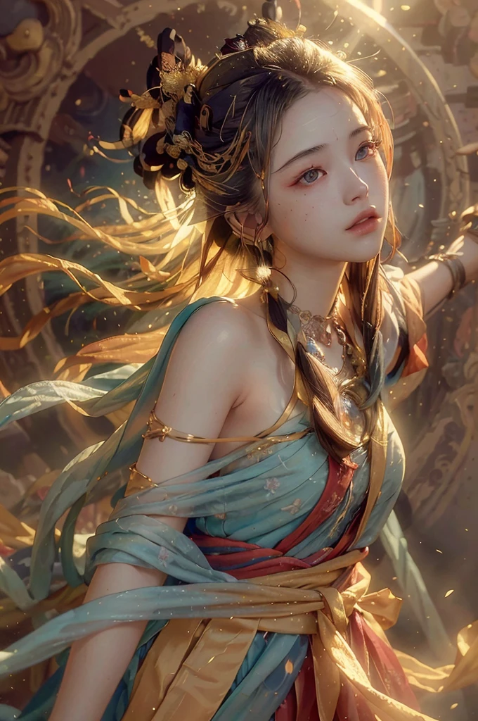 (RAW photo, best quality), (realistic, photo-realistic:1.3),best quality,highly detailed,masterpiece,ultra-detailed,illustration,1girl,upper_body,dynamic angle,world masterpiece theater,messy_long_hair,best quality,extremely detailed CG unity 8k wallpaper,ink,Amazing,cinematic lighting,lens_flare,,dunhuang_style