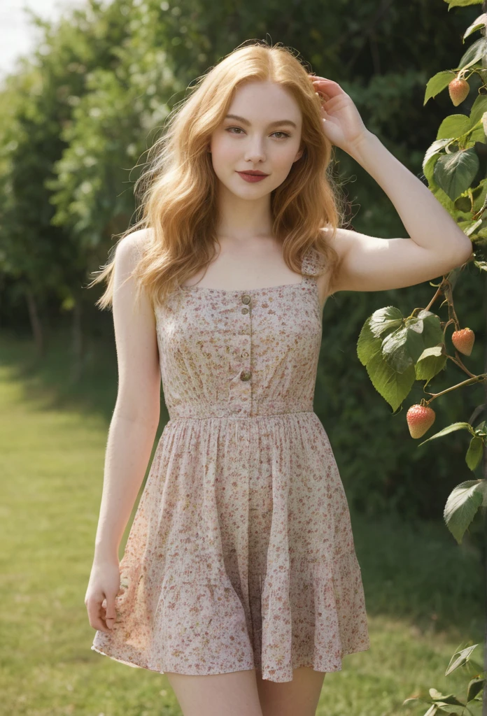A small young woman with a pear-shaped body, ((narrow shoulders)), small breasts, ((narrow waist)), ((wide hips, and full, rounded thighs)). She has smooth, pale skin, long wavy strawberry blonde hair, large almond-shaped hazel eyes with thick dark lashes, a heart-shaped face, high cheekbones, a small upturned nose, and full rosy lips, arms raised, floral sundress