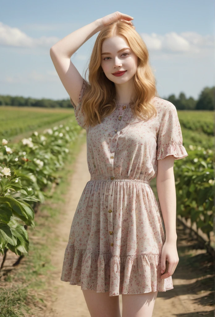 A small young woman with a pear-shaped body, ((narrow shoulders)), small breasts, ((narrow waist)), ((wide hips, and full, rounded thighs)). She has smooth, pale skin, long wavy strawberry blonde hair, large almond-shaped hazel eyes with thick dark lashes, a heart-shaped face, high cheekbones, a small upturned nose, and full rosy lips, arms raised, floral sundress