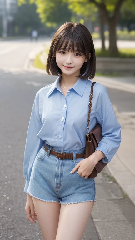 ((SFW: 1.4)), (girl)), Ultra-high resolution, (Realistic: 1.4), RAW Photos, Highest quality, (PhotoRealistic Stick), concentrated, Soft Light, ((15 years old)), ((Japanese)), (( (Young Face))), (surface), (Written boundary depth), masterpiece, (Realistic), woman, bangs, ((1 girl))、(((Model-like style、Thighs)))、Handbags))、((((Mr.々Fashion))))、(((Find someone you like and smile)))
