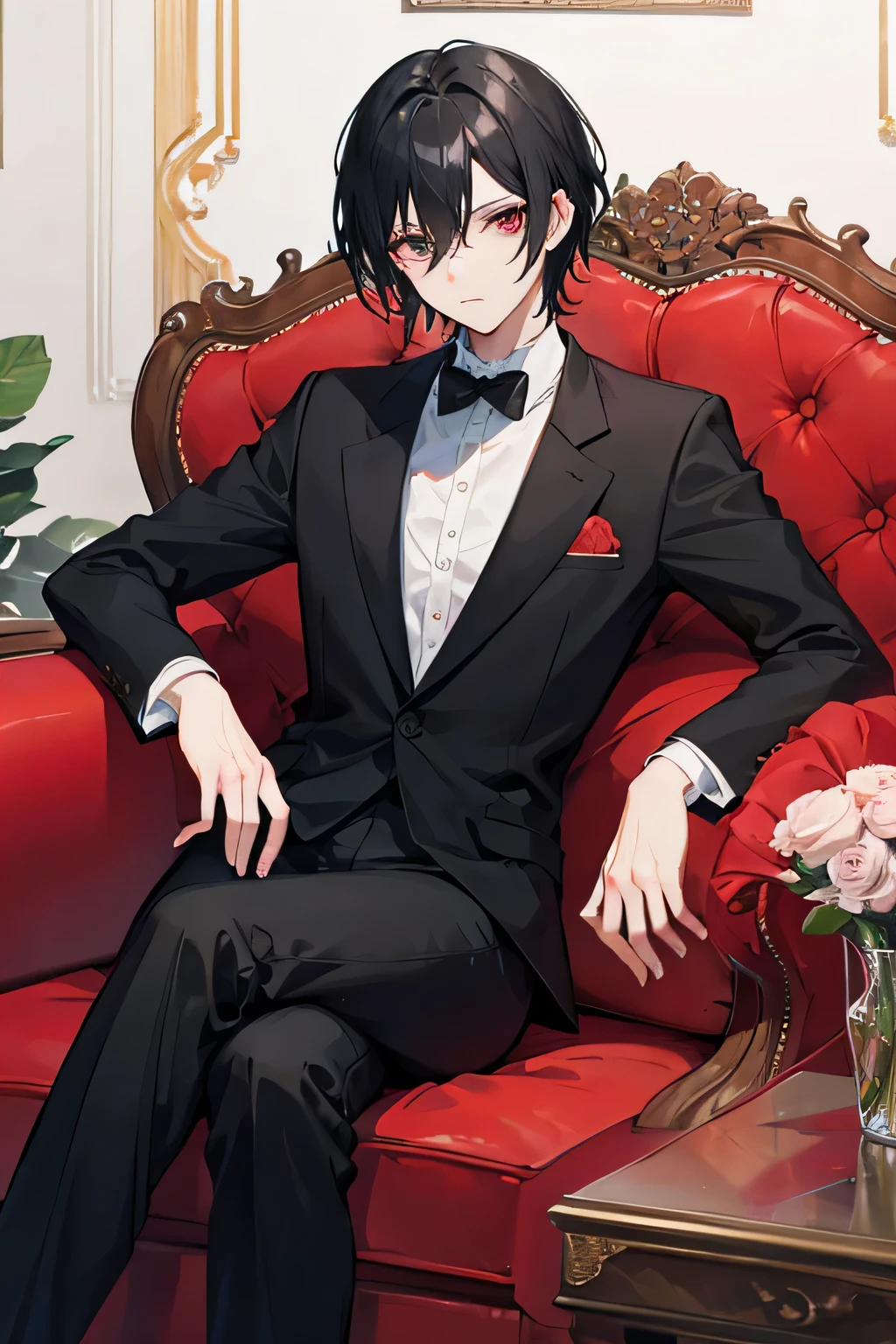 anime character with black hair, wearing tuxedo holding a rose and sit a red sofa