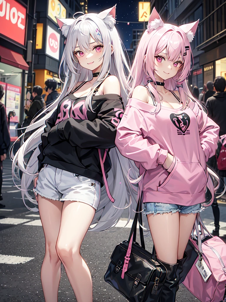 cat ear,Beautiful silver hair,Pink inside,Beautiful pink eyes hoodie,off shoulder:1.2, street,hand on hip, hand in pocket,smile