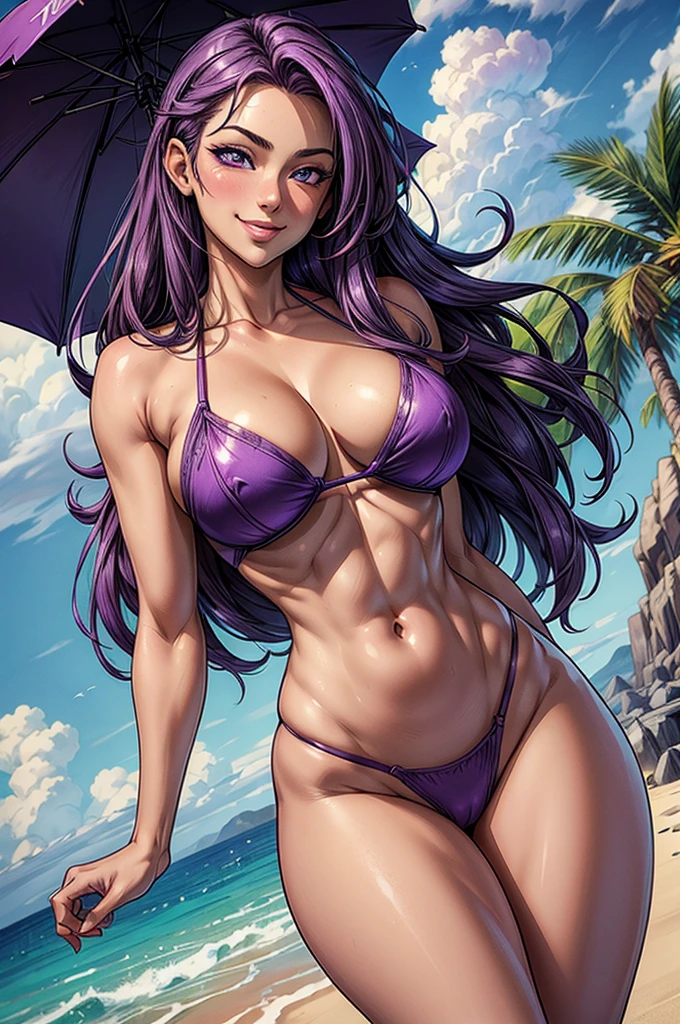 ((Masterpiece)), ((Best Quality)), Ultra High Resolution, HDR, absurderes, 8K, (1 girl), intricate details, ultra-detailed, dramatic lighting, blushing, very happy, purple eyes, long purple hair, straight hair, (purple bikini), in a beach, gorgeous girl, medium size breasts, gorgeous body, glossy skin, vivid colors, full body view, detailed illustration, detail background, smile, feminine, professional artwork, big thighs, cleavage, small waist, wide hips