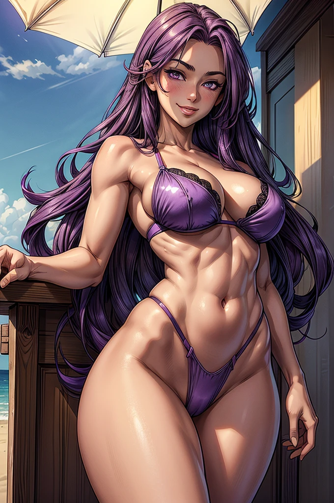 ((Masterpiece)), ((Best Quality)), Ultra High Resolution, HDR, absurderes, 8K, (1 girl), intricate details, ultra-detailed, dramatic lighting, blushing, very happy, purple eyes, long purple hair, straight hair, (purple bikini), in a beach, gorgeous girl, medium size breasts, gorgeous body, glossy skin, vivid colors, full body view, detailed illustration, detail background, smile, feminine, professional artwork, big thighs, cleavage, small waist, wide hips