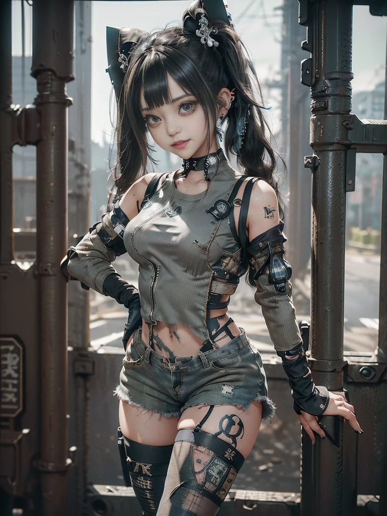(Full Body View:1.3)、(Side view:1.1)、(Please smile with your teeth showing:1.4),(Shibuya Gal:1.5)、(Gothic ta style fashion:1.5)、(Tattered khaki and gray futuristic micro high leg bodysuit:1.5)、(Tattered Khakis and White Micro Fancy Sleeves:1.5)、(Tattered khaki micro shorts:1.5)、(Brown and khaki knee socks:1.3)、(camouflage:1.3)、(Military jacket:1.4)、Brown boots、Khaki gloves、internal、(The underwear is striped:1.4)、23 years old、(do a gravure pose:1.3)、((Highest quality、8K、masterpiece:1.3))、One girl、The beauty of slim abs:1.3、(Hairstyle Casual、Big Tits:1.1)、dress:1.1、Super small face、Narrow eyes、double eyelid、Laughter、Esbian all over、Dynamic Angle、Close-up、CPL Filter、Blurred Background、Bokeh、Blue Hour、Detailed face and skin texture、Detailed Eyes,(Twin tails:1.3)、(Black brown hair:1.4)、Gravure idol pose、(The background is the cockpit of a futuristic weapon.:1.3)、(The body is slim:1.2),(Slim legs:1.4),(clavicle:1.1)