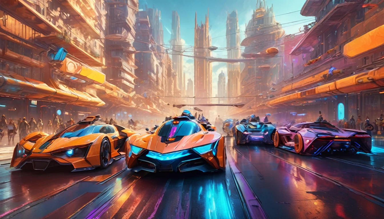 High-tech urban city center, starting line of a futuristic race, four racers with unique vehicles (supercar, maglev train, hovercar, and small spaceship), intense atmosphere, excited crowd, detailed and dynamic scene, vibrant colors, cyberpunk aesthetic.