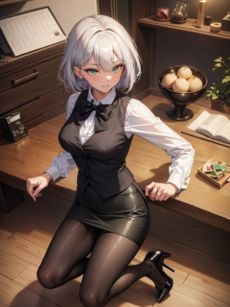 (A beautiful young Japanese woman), nsfw, Detailed Background, (((独奏))), ((Excellent anatomy: 1.2)), (Silver Hair, short hair), Big Tits, (dark skin:1.3), (green eyes), (Beautiful Eyes), (((bank plate, black pencil skirt, bow, long sleeve shirt, vest:1.3, High heel shoes))), (grin), Blushing, Earrings, Crouching, (panty shot:1.3), Beautiful thighs, from above, from front