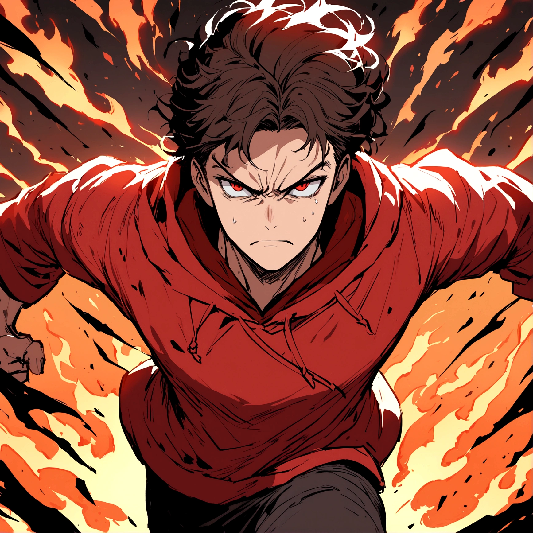 Guy with red hoodie running through fire, serious face expression, epic, red eyes