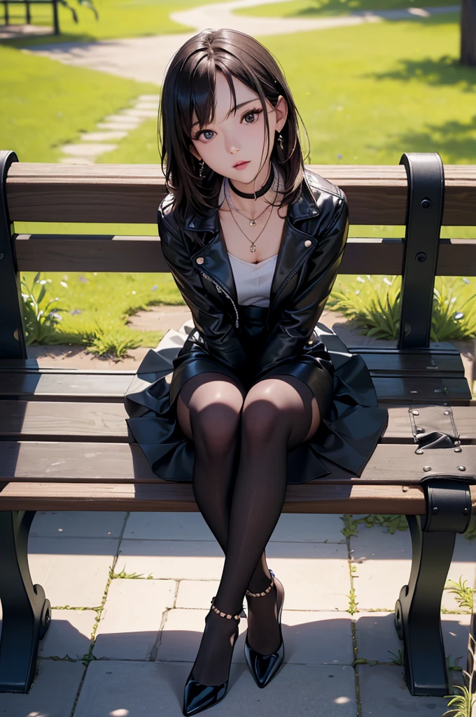 ((Biologically correct limb count))、((Full Body Shot, Full-body photo including face、Head to toe photos))、4K、masterpiece、((Focus on the face))、((Symmetrical facial features))、Eyes of meticulous depiction、One beautiful woman、Excellent style、((Black rubber tights、Rubber Skirt、Leather jacket、High heels with anklets))、Detailed Description、Small earrings、necklace、((Sitting on a bench in a park early in the morning, looking up))、Close-up photo of the whole body、Panty shot、Focus on the face