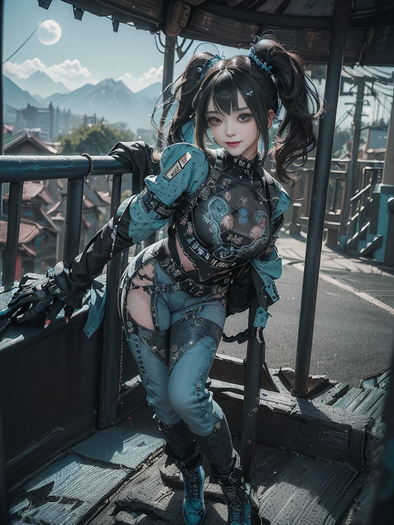 (Full Body View:1.4)、(Full body:1.3)、(Smiling with teeth showing:1.3),(Shibuya Gal:1.5)、(Gothic ta style fashion:1.5)、(Punk RockVisual Kei:1.5)、(Wearing a rhythmic gymnastics bodysuit with intricate details:1.4)、(Racing suit and pants with intricate turquoise, denim and charcoal decorations:1.5)、(Denim and light blue and turquoise boots:1.3)、((belt))、(Numerous delicate logo marks all over the costume:1.4)、(collar:1.3)、(Polka dot underwear:1.5)、20-year-old、NSFW、((Highest quality、In 8K、masterpiece:1.3))、Sharp focus:1.2、(Layered Cut、Huge boobs:1.1),Beautiful woman with perfect figure:1.4、(do a gravure pose:1.3)、Slender Abs:1.2、Highly detailed face and skin texture、Detailed eyes、double eyelid,(Twin tails:1.3)、(Black brown hair:1.3)、Gravure idol、(The background is a vast mountain々Beautiful luxury resort destination in Europe:1.3)、(Slim body:1.3),(Make your legs thinner:1.4),(clavicle:1.1)