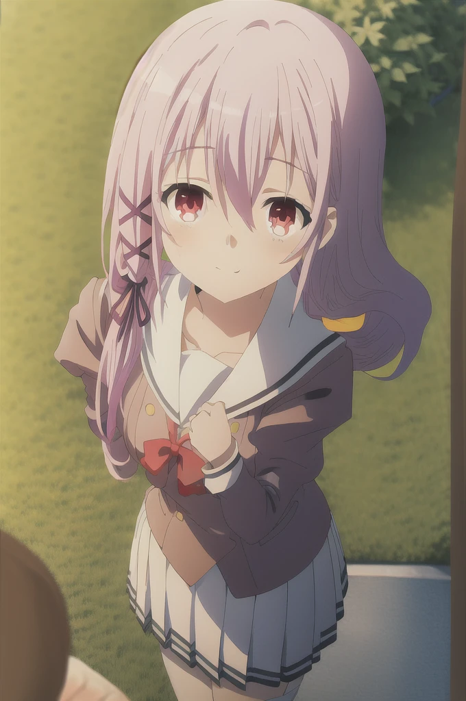 Kisara, facing the viewer, with her hands behind her back, leaning forward, looking at the viewer with a charming and shy gaze.