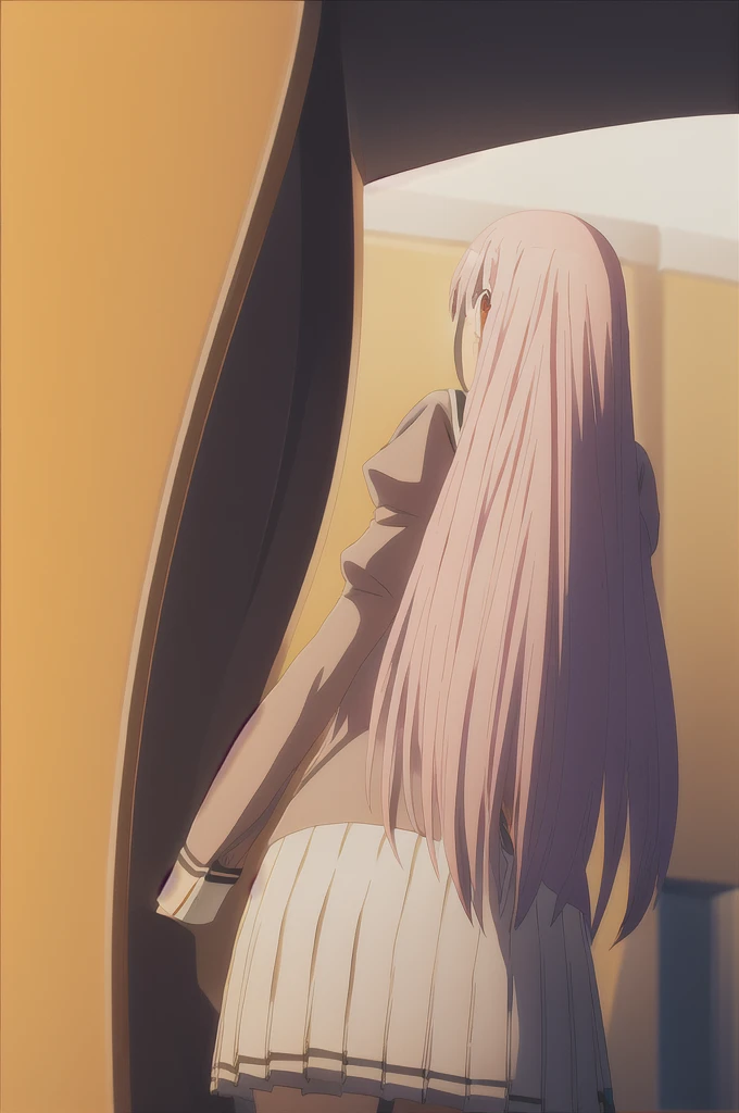 Kisara, facing the viewer, with her hands behind her back, leaning forward, looking at the viewer with a charming and shy gaze.
