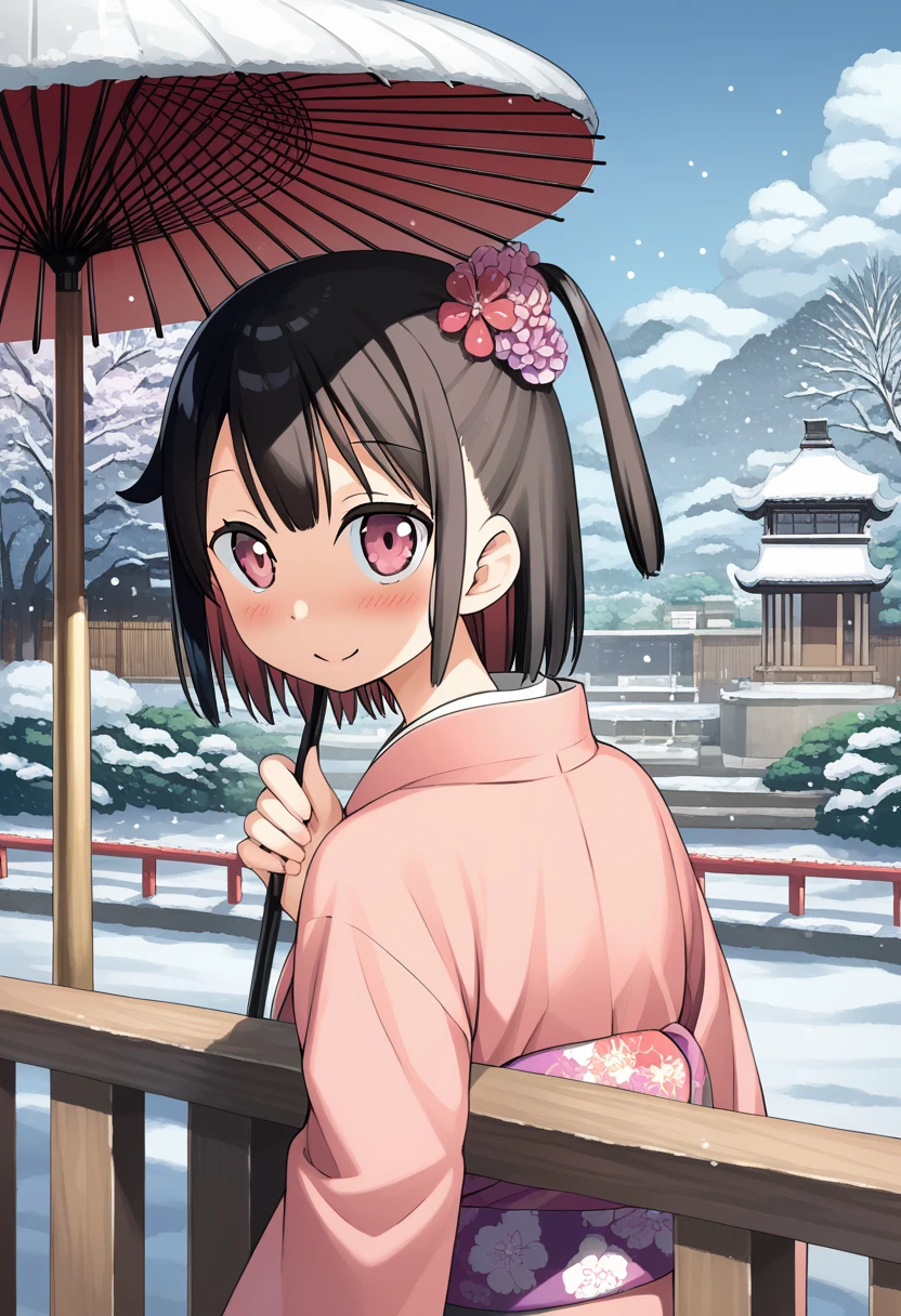 score_9, Best Quality, Masterpiece, uncensored, fountain_anime REST 1 girl, Alone, looking at the viewer, blush, SMILE, short hair, hits, black fur, hair ornament, long sleeves, Closed mouth, Upper part of the body, flower, outdoor, japanese clothes, day, looking back, hair flower, pink eyes, kimono, tree, Wad of bills, umbrella, one side up, heart, estampado floweral, snow, snowing, railing, oil paper umbrella, winter, bridge
