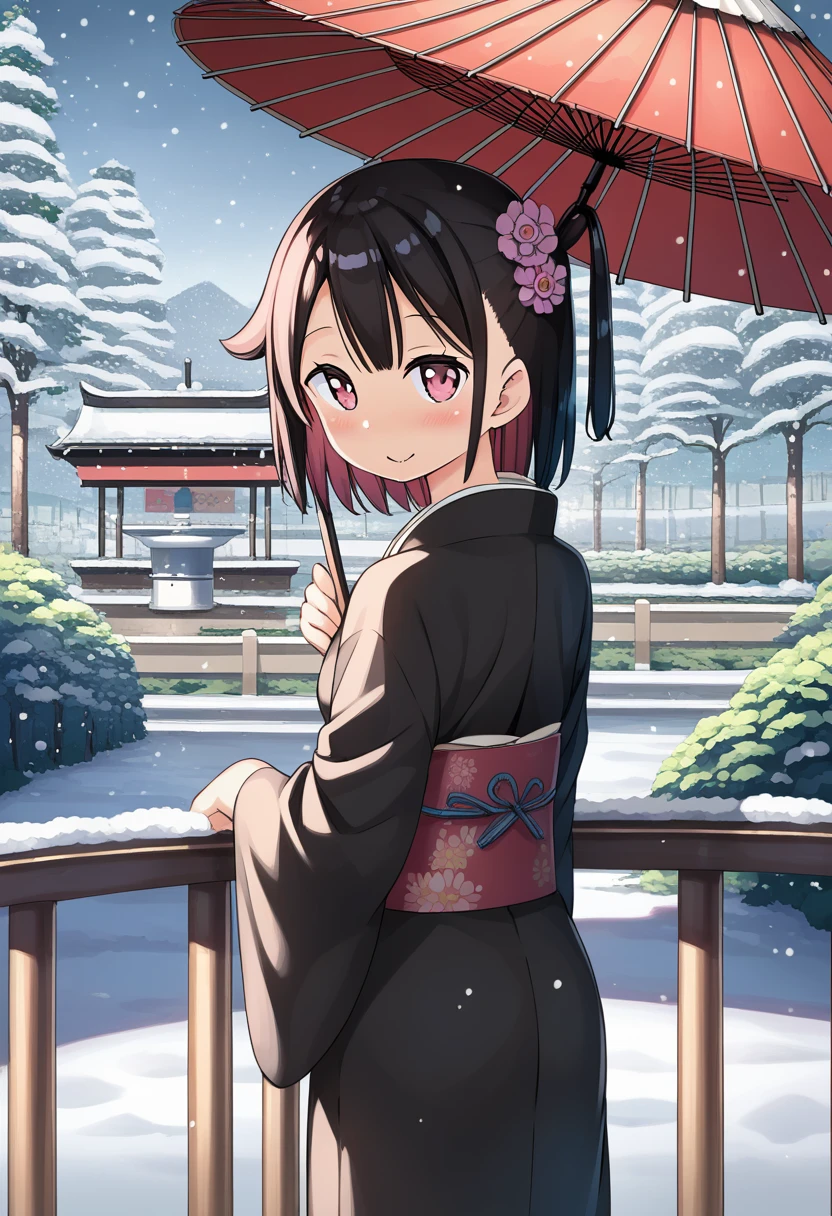 score_9, Best Quality, Masterpiece, uncensored, fountain_anime REST 1 girl, Alone, looking at the viewer, blush, SMILE, short hair, hits, black fur, hair ornament, long sleeves, Closed mouth, Upper part of the body, flower, outdoor, japanese clothes, day, looking back, hair flower, pink eyes, kimono, tree, Wad of bills, umbrella, one side up, heart, estampado floweral, snow, snowing, railing, oil paper umbrella, winter, bridge
