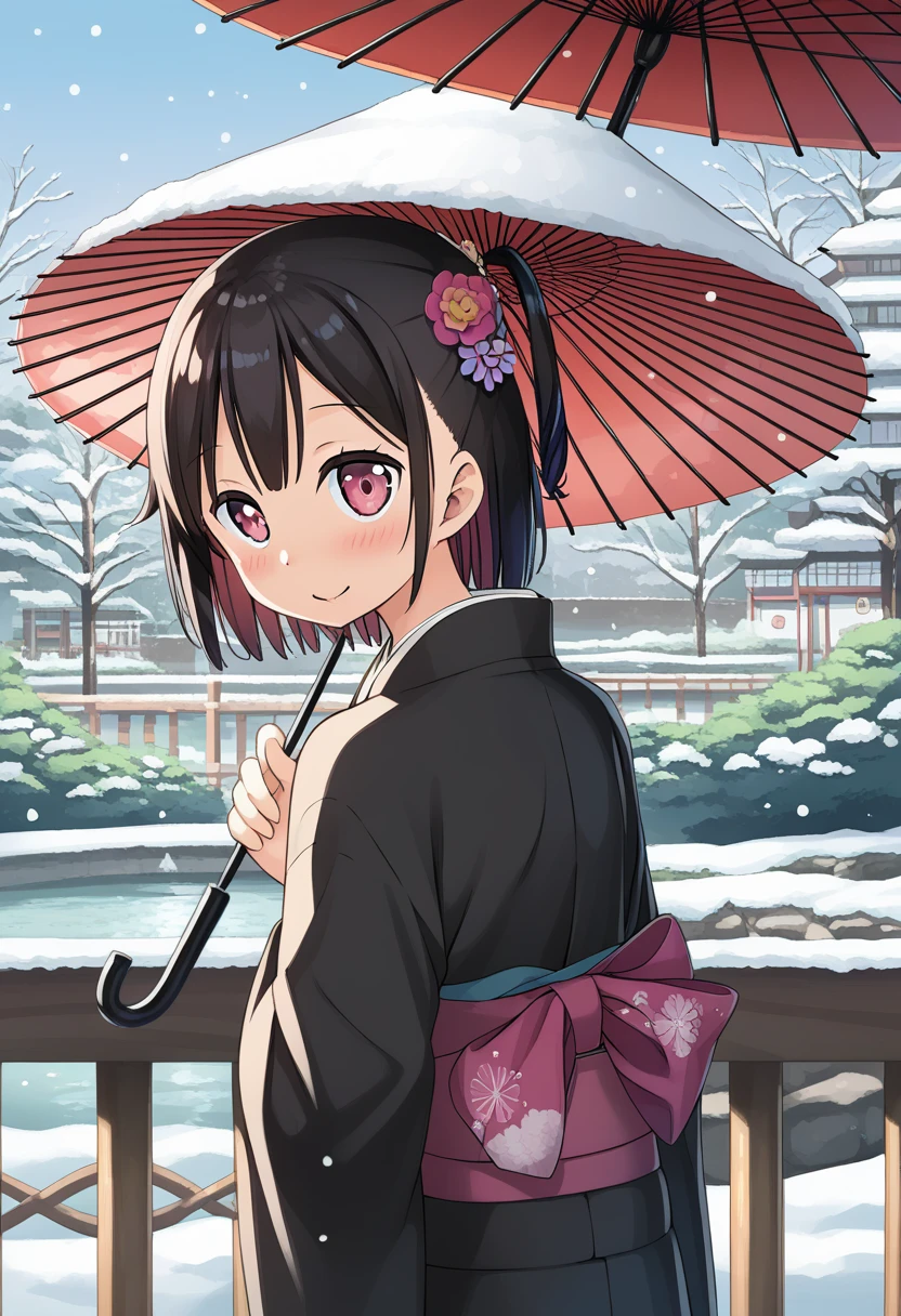 score_9, Best Quality, Masterpiece, uncensored, fountain_anime REST 1 girl, Alone, looking at the viewer, blush, SMILE, short hair, hits, black fur, hair ornament, long sleeves, Closed mouth, Upper part of the body, flower, outdoor, japanese clothes, day, looking back, hair flower, pink eyes, kimono, tree, Wad of bills, umbrella, one side up, heart, estampado floweral, snow, snowing, railing, oil paper umbrella, winter, bridge
