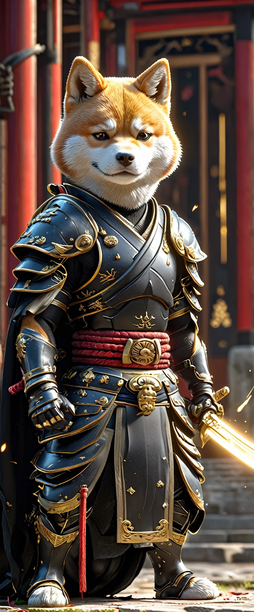 Shiba Inu Samurai,whole body, He has a Japanese sword charged with lightning., Wearing black armor and hakama haori, Japanese temple background, High resolution, masterpiece, Highest quality, Very detailed, Very detailed, Ultra-realistic,
 Japan style, 3D Fluffy, Cute and adorable close-ups, Cute big round reflective eyes, Long fuzzy fur, Pixar Rendering, unreal engine Cinematic smooth, Exquisite detail, Cinematic