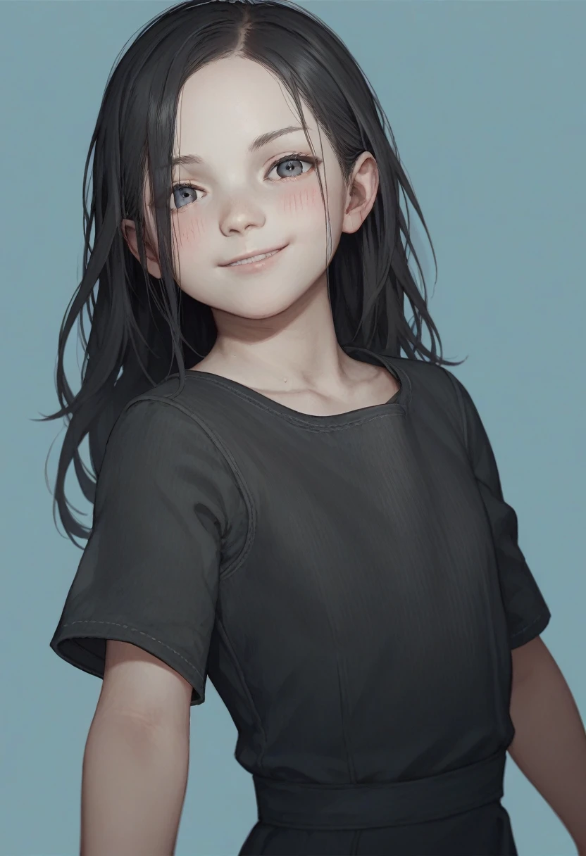 score_9, score_8_up, score_8, source_anime, 1girl, solo, flat chest, white skin, pale skin, long hair, black hair, black dress, short sleeves, smile, blush, looking at viewer, side view, pov
light blue background, simple background