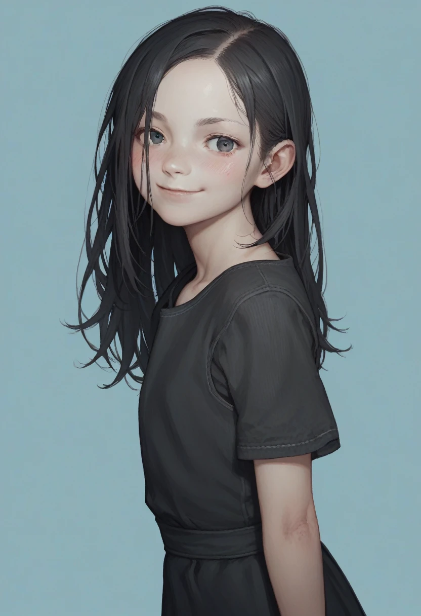 score_9, score_8_up, score_8, source_anime, 1girl, solo, flat chest, white skin, pale skin, long hair, black hair, black dress, short sleeves, smile, blush, looking at viewer, side view, pov
light blue background, simple background