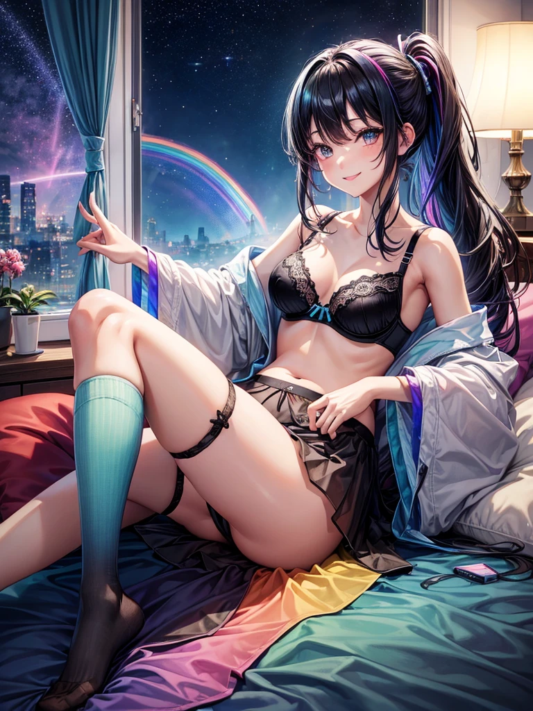 Highest quality,Highest Resolution,4K quality,Underwear looking at city night view outside large window in modern bedroom((Rainbow Gradient色))のsmileの1Profile of a woman,((Black hair ponytail)),Dark room,Rainbow Gradientセクシーランジェリー,Many water drops on the window,garter belt,High leg,((Iridescent underwear))Knee-high stockings,smile,Landscape,Colorful eyeballs,Small bra{((Underwear color))Rainbow Gradient,