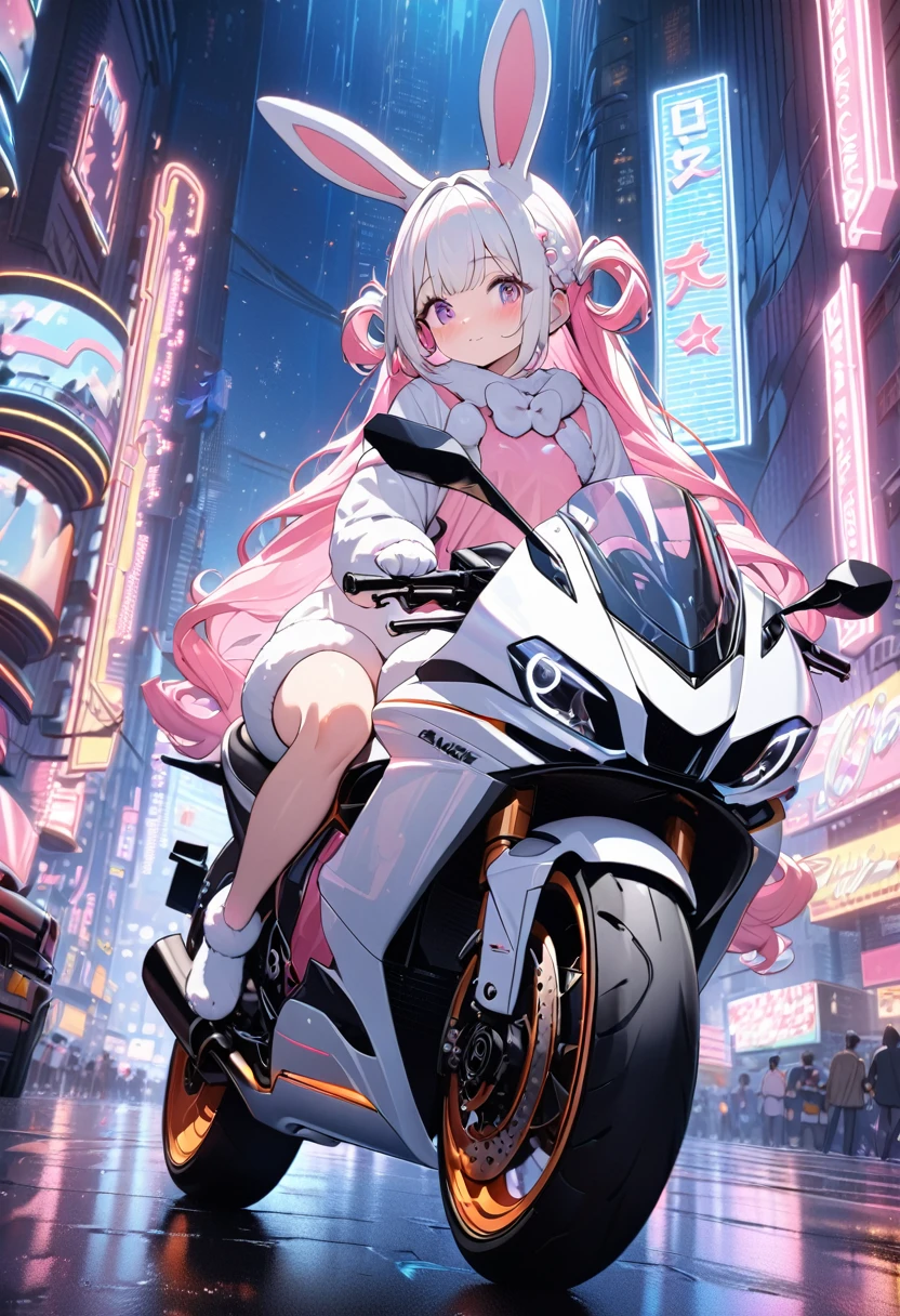 a liquid girl with twin-tailed hair wearing a cute fluffy rabbit costume, riding a large 1300cc class white motorcycle with american-style cowls on a night city road, surrounded by flowing neon lights, highly detailed, 4k, 8k, ultra-detailed, cinema lighting, physics-based, super fine view, masterpiece
