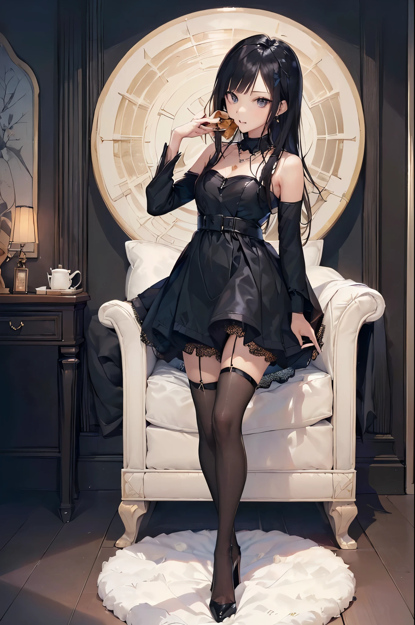 ((Biologically correct limb count))、(( From head to toe、Full-body photo including face))、4K、((Standing position))、masterpiece、((Focus on the face))、((Symmetrical facial features))、Eyes with detailed description、Beautiful woman、Great style、Beautiful arms、Beautiful legs、Beautiful Hands、(Small Ass、Thin thighs)、Facial detailing、Small earrings、necklace、(Black Shiny Gothic Dress、((High heels、Black Stockings)))、Black Hair、Looking up、Sitting on a chair eating a parfait、Close-up photo of the upper body